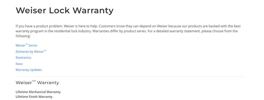 Weiser Warranty